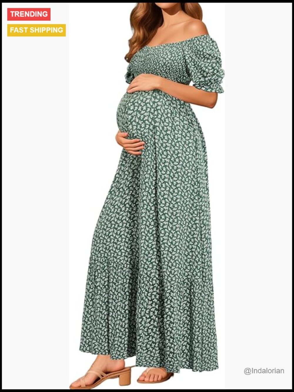 Maternity Maxi Dress Off Shoulder Smocked Top Puff Sleeves